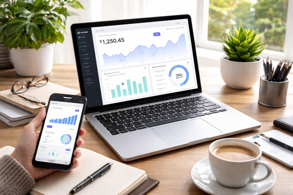 Laptop par online earning dashboard dikhata hua modern workspace jahan smartphone, notebook aur coffee ke saath digital work ho raha hai