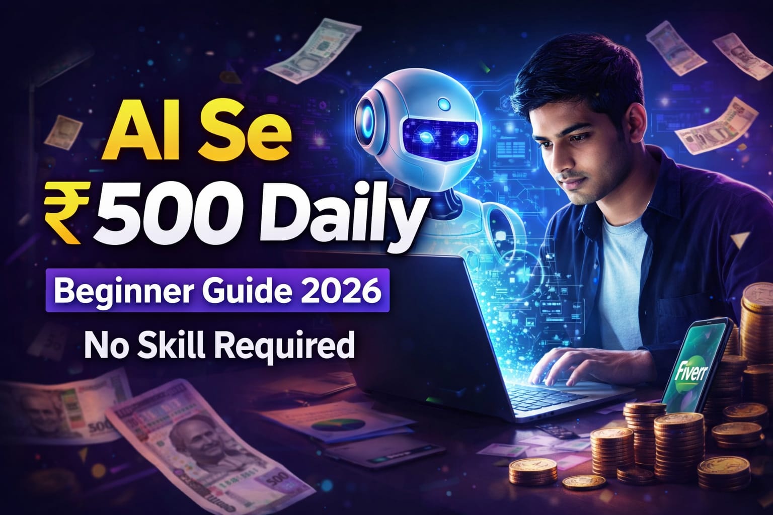 AI se ₹500 daily kaise kamaye beginner guide 2026, laptop par kaam karta ladka aur AI robot ke sath online paise kamane ka concept
