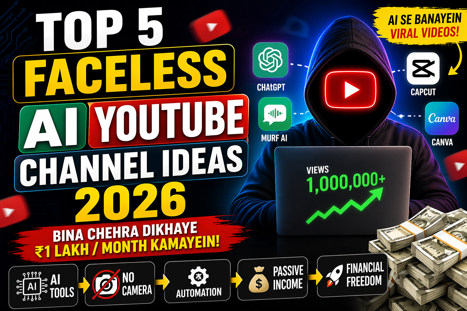 faceless ai youtube channel ideas 2026 bina face youtube earning thumbnail