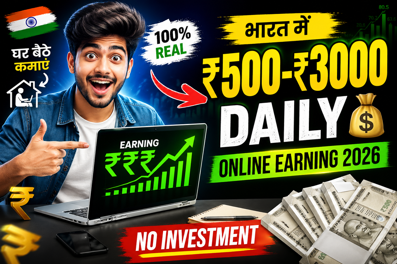 Online earning India 2026 daily ₹500 to ₹3000 work from home ideas