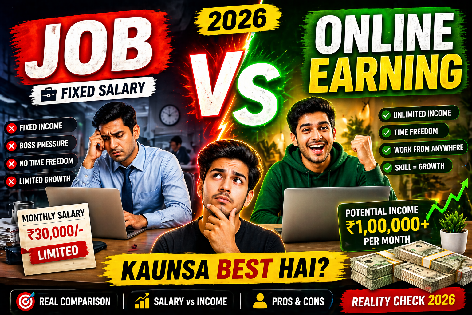 Job vs online earning 2026 kaunsa best hai salary vs online income 1 lakh per month comparison