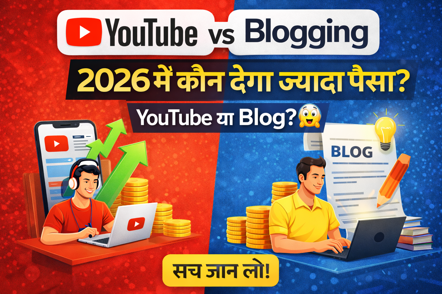 YouTube vs Blogging 2026 में कौन ज्यादा पैसा देता है thumbnail Hindi comparison